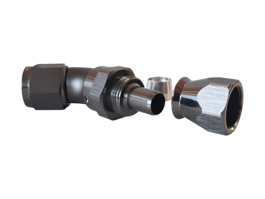 AN12 liitin 45° PTFE (teflon letkulle) Full Flow - Titan