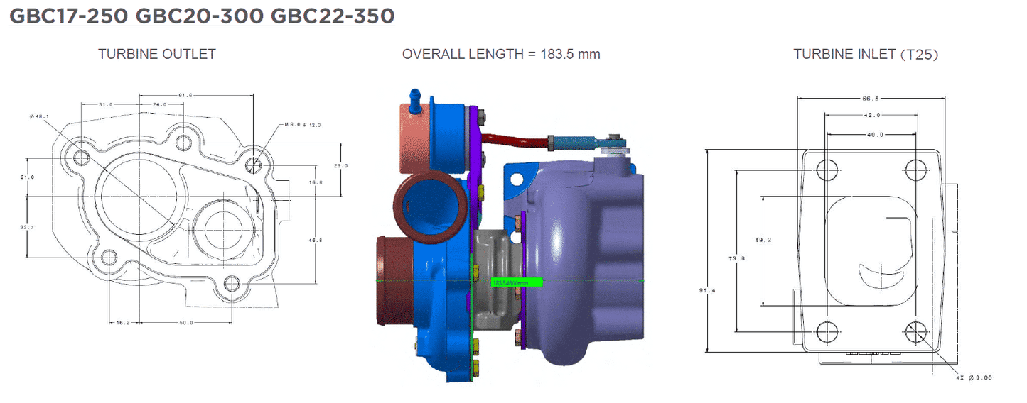 Garrett GBC20-300 Turbo (Standard Rotation) 39mm Comp Ind 0.55 A/R T25 Turbine Inlet 5-Bolt Turbine Outlet