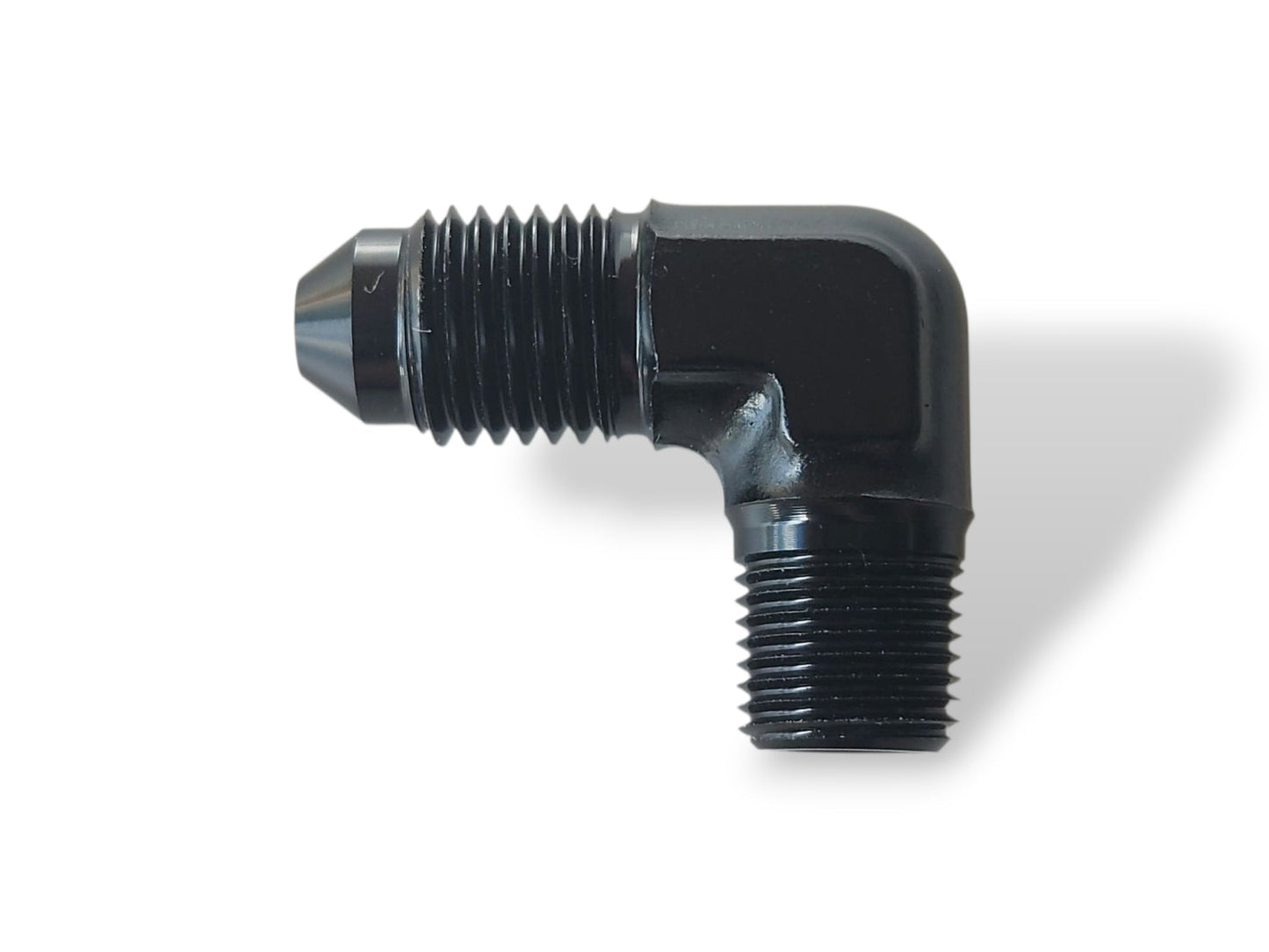 Lähtöliitin 90° AN / NPT (Musta)