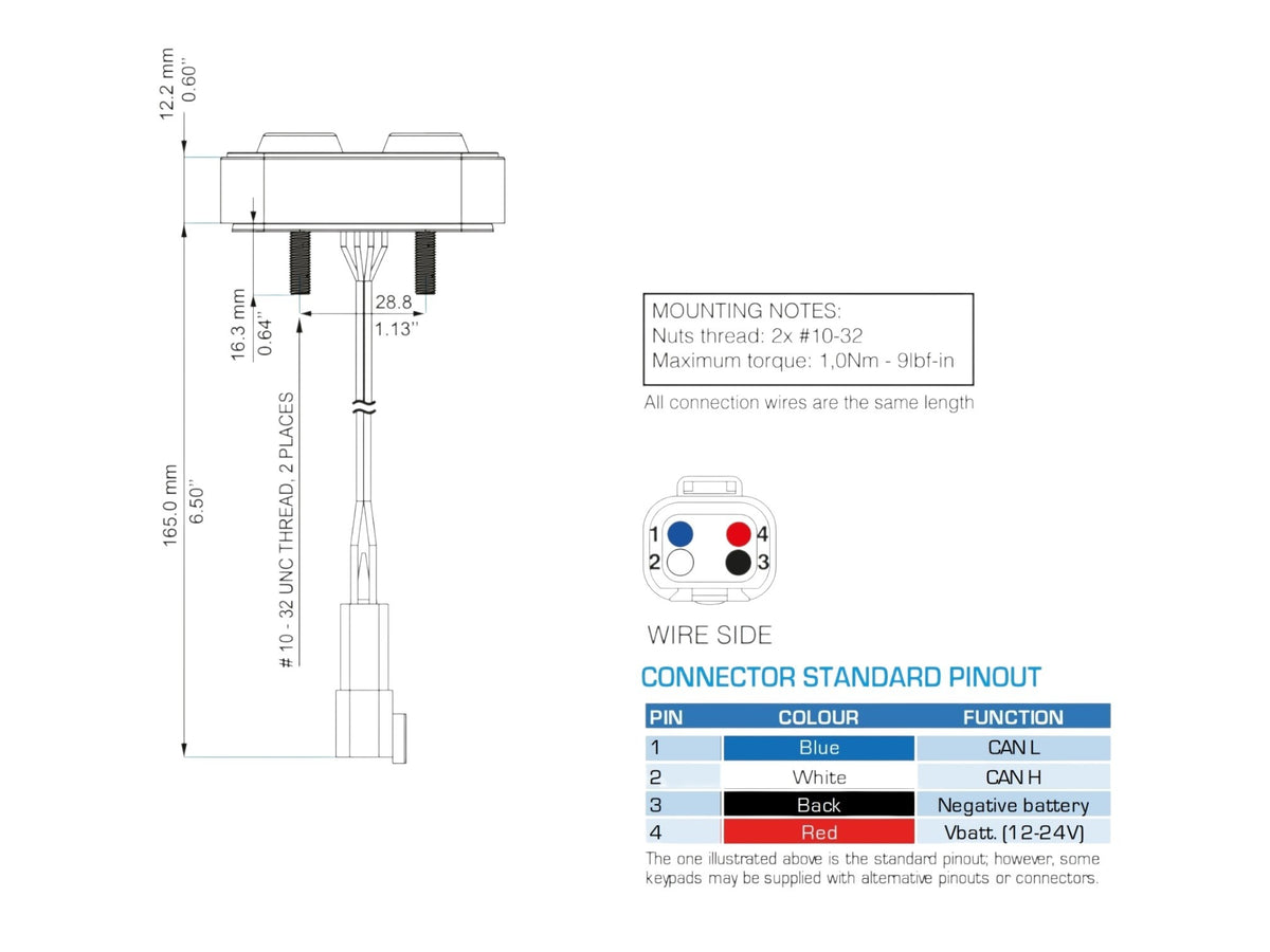 KKD motorsport Blink Marine CAN-näppäimistön tekninen piirros, jossa näkyvät mitat ja liitinkytkennät.