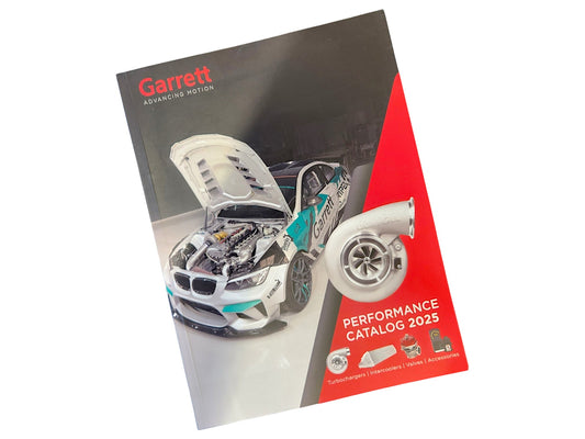 KKD motorsport Garrett Performance Catalog 2025 featuring a white race car with teal accents and an open hood, showcasing engine details and a turbocharger.