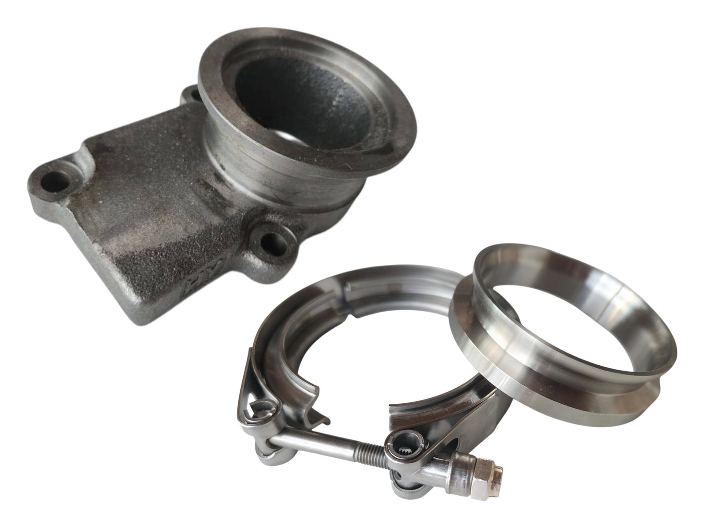 Downpipe lähtö 4-bolt - V-Band 2,5'' valurautainen + Keskittävä V-Band 3'' (Holset HE221W)